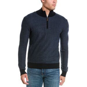 Bruno Magli Mens  Feeder Stripe Pique Wool 1/4-Zip Sweater, Blue